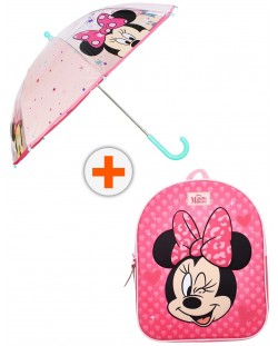 Комплект за детска градина Vadobag Minnie Mouse - Раница на сърца с 3D ефект и чадър