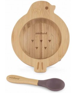 Комплект дървена купичка с вакуум и лъжичка Miniland - Eco Friendly, Птичка