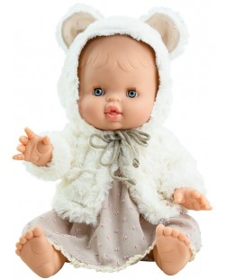 Кукла-бебе Paola Reina Los Gordis - Елви, с рокля и пухкаво наметало, 34 cm