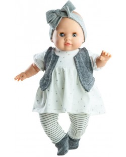 Кукла-бебе Paola Reina Manus - Агата, с туника със звездички и сива жилетка, 36 cm
