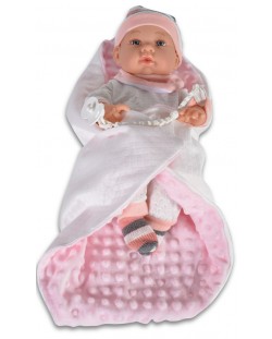 Кукла-бебе Moni - С розово одеялце и шапка на райе, 41 cm