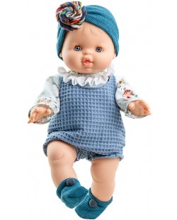 Кукла-бебе Paola Reina Los Gordis - Бланка, със син гащеризон и лента, 34 cm