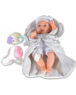 Кукла-бебе Moni - Със сиво одеялце и аксесоари, 36 cm