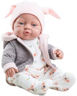 Кукла-бебе Paola Reina Los Bebitos - Bebita, със сиво горнище с качулка и шапка с ушички, 45 cm