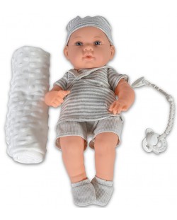 Кукла-бебе Moni - Със сиви дрешки на райе и одеялце, 41 cm