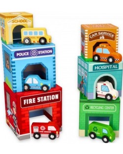 Кула от кубчета Lelin - С шест дървени автомобила