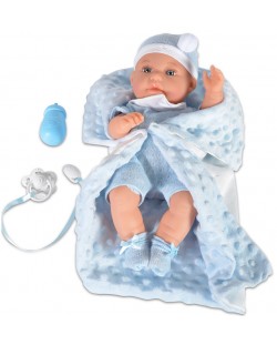 Кукла-бебе Moni - Със синьо одеялце и аксесоари, 36 cm
