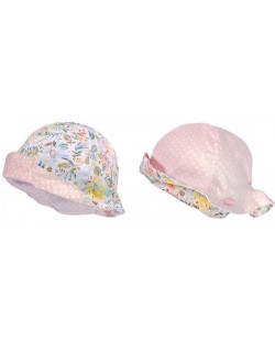 Лятна шапка с периферия и две лица Maximo - размер 53, розова на бели точки и цветя