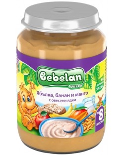 Млечна каша Bebelan Puree - Ябълки, банан и манго с овесени ядки, 190 g
