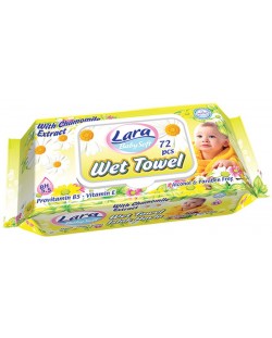 Мокри кърпи с капак  Lara Baby Soft - Лайка, Provitamin B5, Vitamin E, 72 броя  