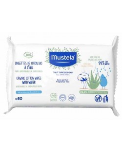 Мокри кърпички Mustela - С органичен памук и 99% вода, 60 броя 