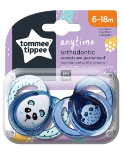 Ортодонтични залъгалки Tommee Tippee - Anytime, 6-18 месеца, 2 броя, Светлосини панди