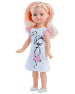 Кукла Paola Reina Mini Amigas - Елена, с бяла рокля с рисунка на момиче, 21 cm