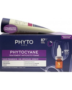 Phyto Phytocyane Комплект - Терапия за прогресивен косопад и Шампоан, 12 x 5 + 100 ml