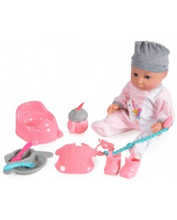 Пишкаща кукла-бебе Moni - Със сива шапка и аксесоари, 36 cm