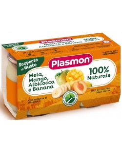 Плодово пюре Plasmon - Ябълка, манго, кайсия и банан, 2 х 104 g