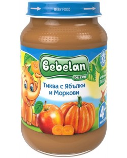 Плодово пюре  Bebelan Puree  - Тиква, ябълки и моркови, 190 g
