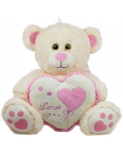 Плюшена играчка Амек Тойс - Мече екрю със сърце с розов кант, 45 cm