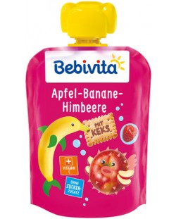 Плодово пюре Bebivita - Пауч с бисквити, банан, ябълка и малина, 90 g