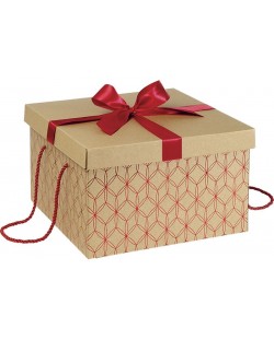 Подаръчна кутия Giftpack - Златиста с червено, с панделка и дръжки, 34 x 34 x 20 cm