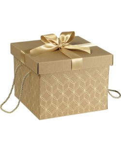 Подаръчна кутия Giftpack - Златиста, с панделка и дръжки, 27 х 27 х 20 cm