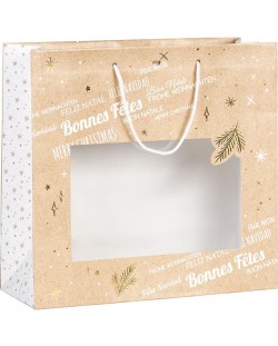 Подаръчна торбичка Giftpack - Bonnes Fêtes, 35 x 13 x 33 cm, топъл печат, крафт, бяло и златно, с PVC прозорец