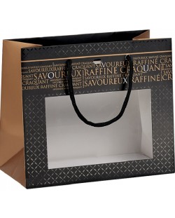 Подаръчна торбичка Giftpack Savoureux - 20 x 10 x 17  cm, черно и мед, PVC прозорец