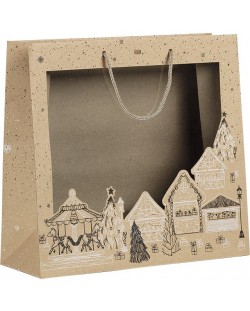 Подаръчна торбичка Giftpack - Bonnes Fêtes, 35 x 13 x 33 cm, крафт, бяло и черно с PVC прозорец
