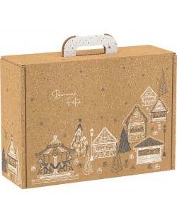 Подаръчна кутия Giftpack - Bonnes Fêtes, крафт, черно и бяло, 34.2 x 25 x 11.5 cm