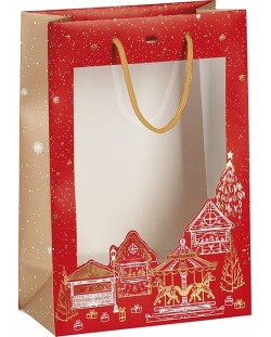 Подаръчна торбичка Giftpack - Bonnes Fêtes, 20 x 10 x 29 cm, червена със златен печат, с PVC прозорец