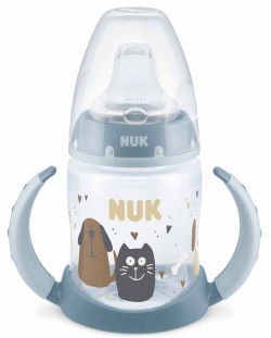 Шише NUK First Choice - Cat & Dog, TC, PP, с накрайник за сок, 150 ml, синьо