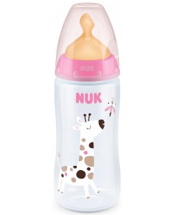 Шише Nuk First Choice - Temperature control, с каучуков биберон, 300 ml, розово, жираф