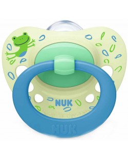 Силиконова залъгалка с кутийка NUK - Signature, 6-18 месеца, синя с картинка