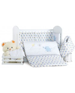 Спален комплект с балдахин Dizain Baby - Слонче с балон, син, 8 части, 70 х 140