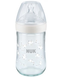Стъклено шише Nuk - Nature Sense, със силиконов биберон М, 240 ml, бяло