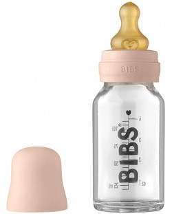 Стъклена бебешка бутилка с аксесоари Bibs - 110 ml, розова
