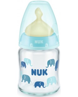 Стъклено шише с каучуков биберон Nuk - First Choice, TC, 120 ml, синьо