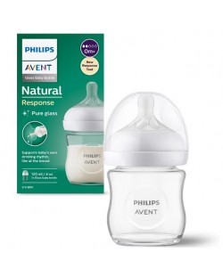 Стъклено шише Philips Avent - Natural Response 3.0, с биберон 0m+, 120 ml  
