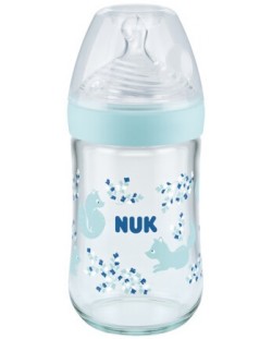 Стъклено шише Nuk - Nature Sense, със силиконов биберон М, 240 ml, синьо