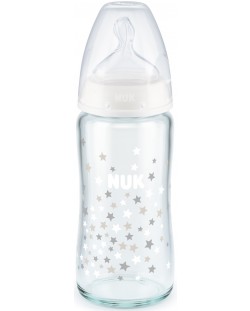 Стъклено шише със силиконов биберон Nuk - First Choice, TC, 240 ml, бялo