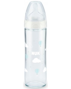 Стъклено шише Nuk - New Classic, с биберон размер М, 240 ml, бяло