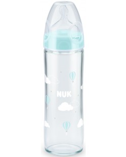 Стъклено шише Nuk - New Classic, с биберон размер М, 240 ml, синьо