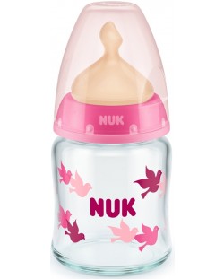 Стъклено шише с каучуков биберон Nuk - First Choice, TC, 120 ml, розово