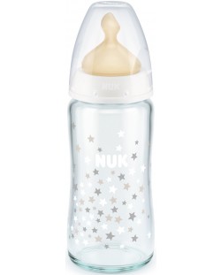 Стъклено шише с каучуков биберон Nuk - First Choice, TC, 240 ml, бяло