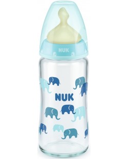 Стъклено шише с каучуков биберон Nuk - First Choice, TC, 240 ml, синьо