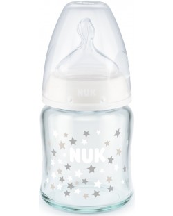 Стъклено шише със силиконов биберон Nuk - First Choice, TC, 120 ml, бяло