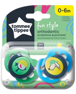 Залъгалки Tоmmee Tippee - Fun Style, 0-6 месеца, птица/куче, 2 броя