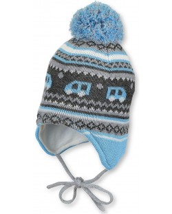 Зимна бебешка шапка с пискюл Sterntaler - 47 cm, 9-12 месеца, сиво-синя