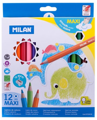 Комплект цветни моливи Milan Maxi - Шестоъгълни, 12 цвята + острилка - 1