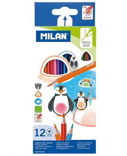 Комплект цветни молива Milan - Триъгълни, 12 цвята - 1